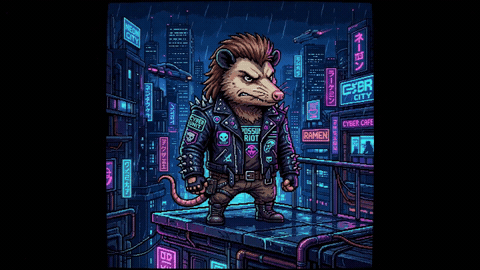 8-bit cyberpunk possum with a mullet and leather jacket
